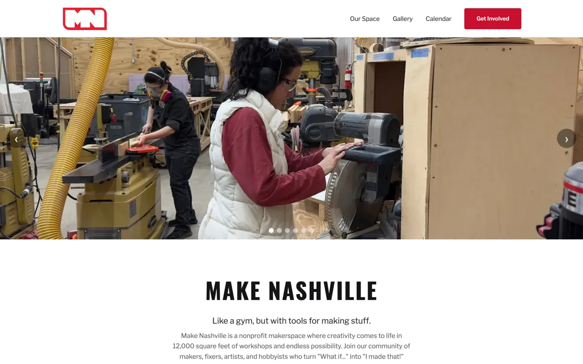 The Make Nashville homepage: the red MN logo and nav above a hero photo of two people using woodshop machines, with the heading 'Make Nashville' and the tagline 'Like a gym, but with tools for making stuff.'