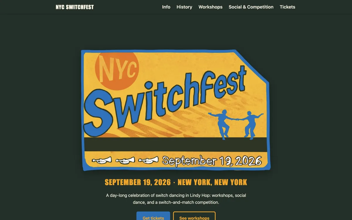 The NYC Switchfest homepage: a hand-drawn yellow and blue 'Switchfest' logo with two dancing figures on a dark green background, dated September 19, 2026